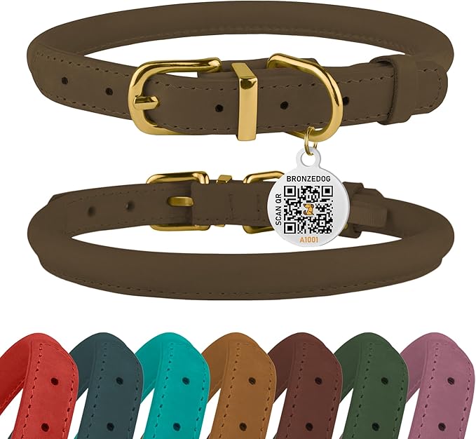 BRONZEDOG Rolled Leather Dog Collar with QR ID Tag Adjustable Soft Round Collars for Small Medium Large Dogs Puppy Cat (11" - 14 1/2" Neck Size, Nut Brown)