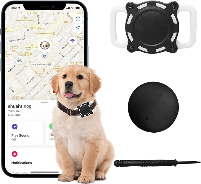 Smart Dog Tracker, Pet Location Tracker with Collar Holder for Dogs, Item Finder MFi Certified, Bluetooth Pet Tracker, No Monthly Fee, Works with iOS Find My (Black and White)