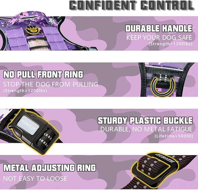 Auroth Tactical Dog Harness for Small Medium Large Dogs No Pull Adjustable Pet Harness Reflective K9 Working Training Easy Control Pet Vest Military Service Dog Harnesses (L, Purple Camo)