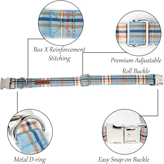 Lionet Paws Boy Dog Collar, Comfortable Adjustable Cute Blue Plaid Collar with Metal Buckle for Male Dogs Gift, Large, Neck 16-24 inches