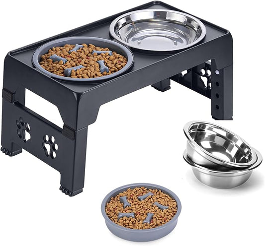 Elevated Dog Bowls - Raised Stand With 2 Stainless Steel and 1 Slow Feeder Bowl, Adjustable 5 Heights for Medium Large Dogs, Non-Slip, Black