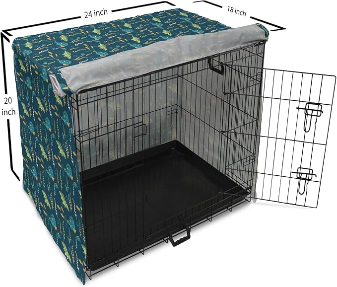 Lunarable Jurassic Dog Crate Cover, Evolution Marine Dinosaurs and Nautical Foliage Animal, Easy to Use Pet Kennel Cover for Cats & Medium Dogs, 24 Inch, Petrol Blue Pale Green