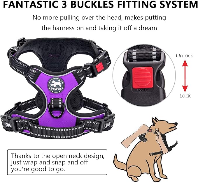 PoyPet No Pull Dog Harness, No Choke Front Lead Dog Reflective Harness, Adjustable Soft Padded Pet Vest with Easy Control Handle for Small to Large Dogs(Purple,S)