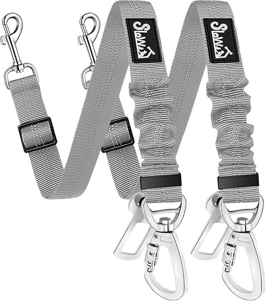 SlowTon Dog Seatbelt, 2 Pack Dog Seat Belt Car Leash Adjustable Elastic Bungee Buffer Heavy Duty Nylon Reflective Pet Safety Tether Connect to Dog Harness for Travel Riding in Vehicle (Daul Clip, GY)
