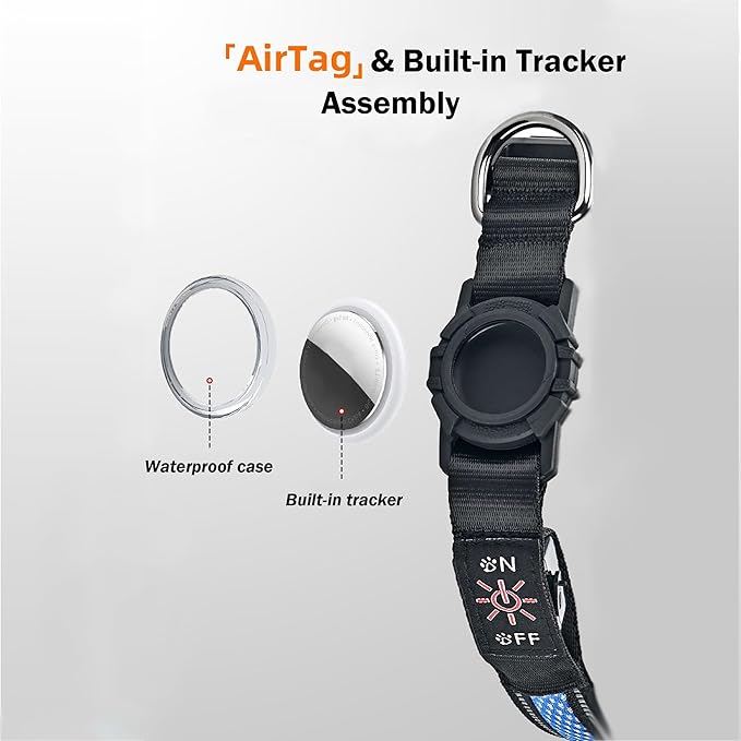AirTag Pet Dog Tracker Collar & Equipped with Tracker; LED Light Up Collar;Built-in QR Dog Tag & AirTag Holder; No Monthly Fees; Adjustable Size (Blue Color).