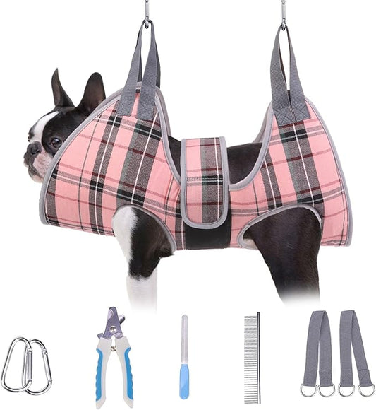 BEAUTYZOO Dog Grooming Hammock for Small Dogs Cat- Dog Sling for Nail Trimming/Clipping- Dog Hanging Harness Holder with Thick Fabric Neck Support & Strap Restraint Claw Care, Pink S