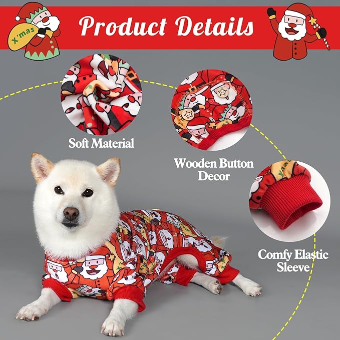KYEESE Christmas Dog Pajama Cute Dog Christmas Outfit Soft Material Stretchable Dogs Pajamas Onesie Pet Pjs Pets Apparel for Small Dogs, Santa Claus, Large