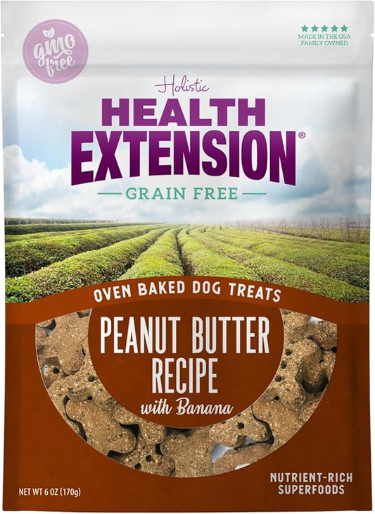 Health Extension Oven-Baked Dog Treats, 6oz (170g), Peanut Butter & Banana Recipe – Gluten & Grain-Free, Superfood-Infused, Crunchy Biscuits for Puppy Training
