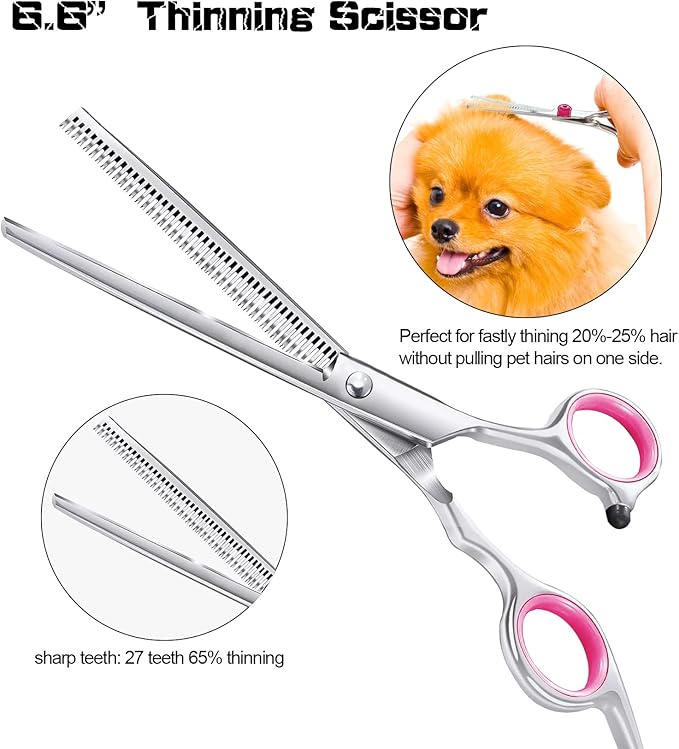 Dog Grooming Scissors With Safety Round Tips 5 in 1 - 4CR Stainless Steel Professional Pet Shears for Dogs and Cats, Pink
