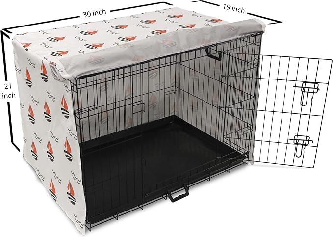 Lunarable Sail Boat Dog Crate Cover, Abstract Boat Waves Cartoon Drawing Style Geometric Pattern, Easy to Use Pet Kennel Cover for Cats & Medium Dogs, 30 Inch, Salmon Black Grey