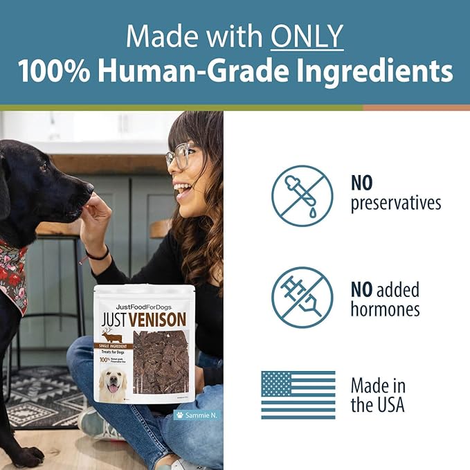 JustFoodForDogs Venison Dog Treats, Single-Ingredient Healthy Dog Treats, Made in The USA, 5 oz