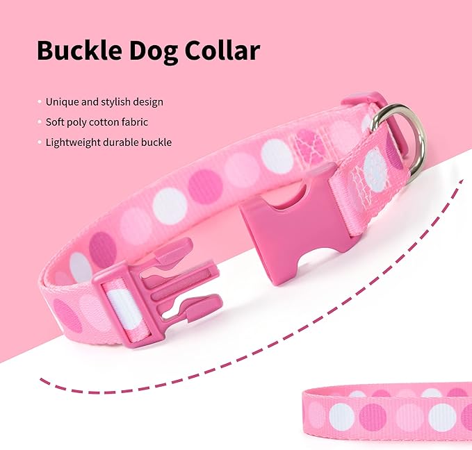 Mile High Life Dog Collar | Cute Puppy Collars | Lightweight Girl Dog Collar | Soft Boy Dog Collars | w Geometric Plaid Wave Line Pattern (Pink Big Dots, Medium)