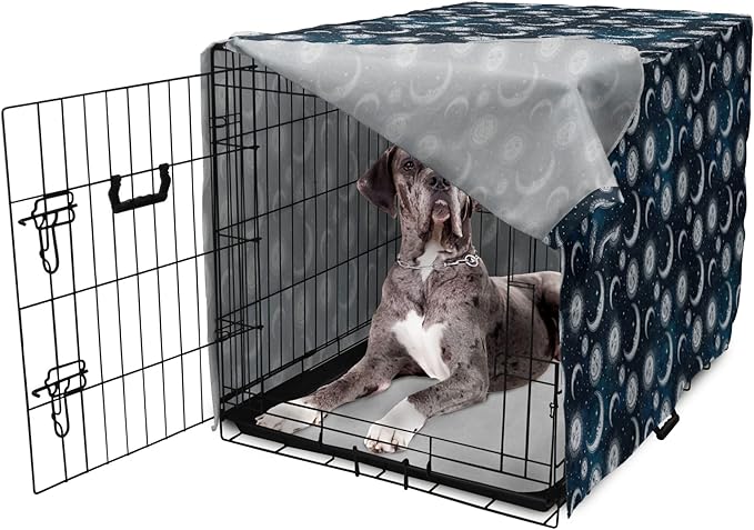 Ambesonne Sun and Moon Dog Crate Cover, Heavenly Bodies in Starry Night Sky Graphic Theme, Easy to Use Pet Kennel Cover for Medium Large Dogs, 48 Inch, Blue Grey