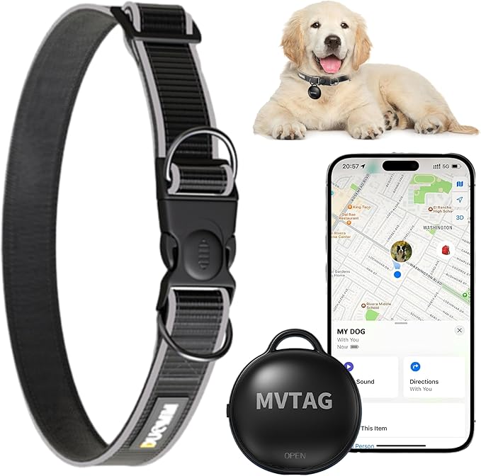 Dog Collar with Tracker GPS - Unlimited Range/Tracking Device/Lost Mode for Dogs Adjustable Size Smart Collar Set - Works with Apple Find My (iOS only)