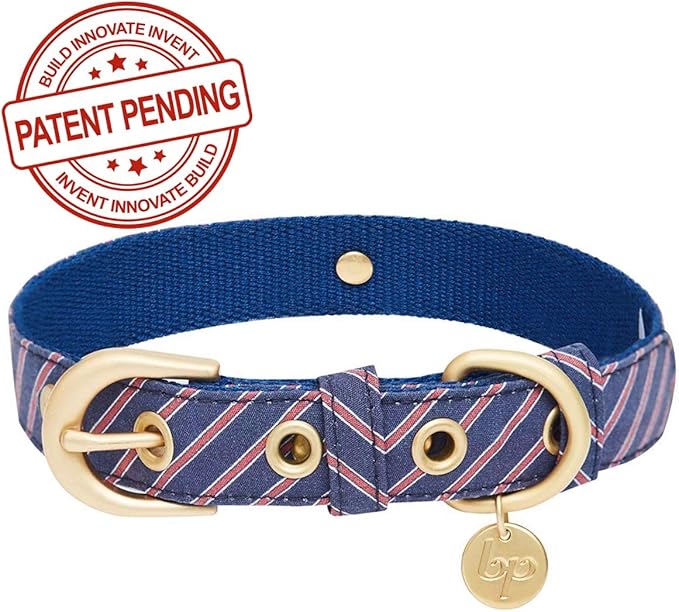 Blueberry Pet 2 Patterns Adjustable Dog Collar with Metal Buckle and 2 Detachable Bowtie - Blue Asymmetric Stripe, Neck 13-16.5", for Medium Breed