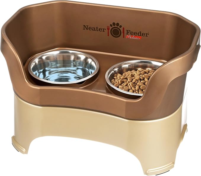 Neater Feeder Deluxe Mess Proof Dog Bowls Elevated for Large Breed – Made in USA – No Spill Raised Dog Food Bowl Stand – Stainless Steel Food and Water Bowl Set, Pet Dish Feeding Station, Bronze