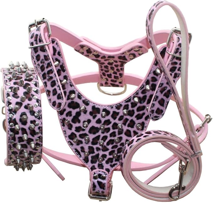Leather Spiked Studded Harnesses, Collars & Leashes 3Pcs Matching Set for Medium & Large Dogs Pitbull,Mastiff, Boxer, Bull Terrier (Leopard, M)