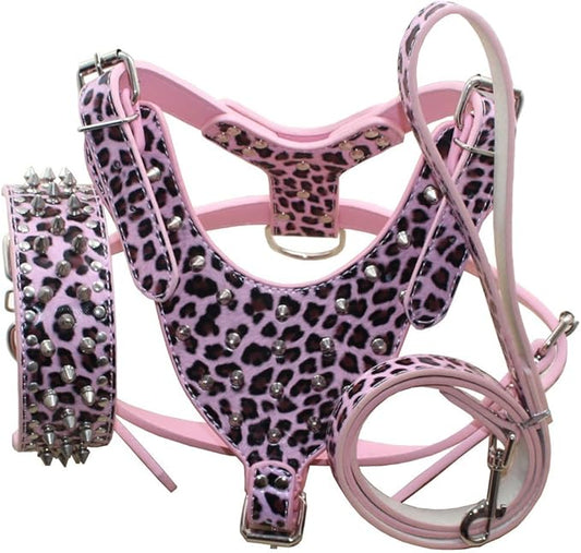 Leather Spiked Studded Harnesses, Collars & Leashes 3Pcs Matching Set for Medium & Large Dogs Pitbull,Mastiff, Boxer, Bull Terrier (Leopard, M)