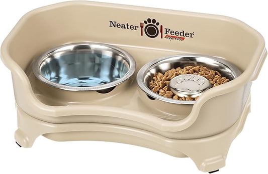 Neater Feeder Express Mess Proof Dog Bowls Elevated for Small Breed – Made in USA – No Spill Raised Slow Feeder Elevated Dog Bowl Stand, Stainless Steel Food and Water Bowl Set, Almond