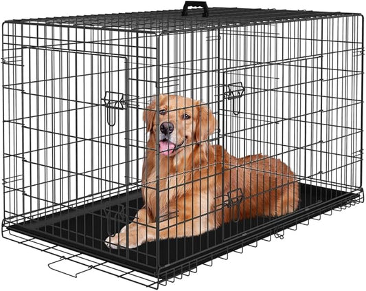 PayLessHere Large Dog Crate Kennel for Medium Large Dogs Metal Dog Cage Double-Door Folding Travel Indoor Outdoor Puppy Playpen with Divider and Handle Plastic Tray (48 Inch, Black)