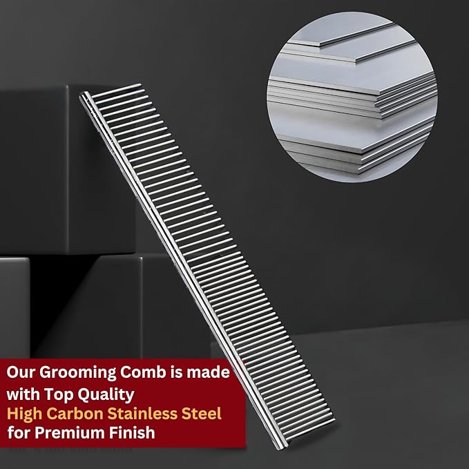 Chrome Pet Grooming Comb Premium Stainless Steel Dematting Tool with Rounded Teeth for Dogs & Cats Best for Removing Knots,Tangles,Perfect for Long & Short Haired Pets (Chrome)