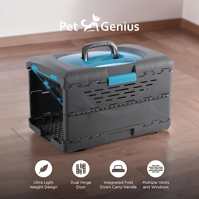 Pet Genius Collapsible Pet Crate, Ultra-Lightweight Portable Kennel with Dual Hinge Door, Folds to 5 Inches, Weighs 4.5lbs, Multiple Vents and Windows for Home and On The Go, 19x12x12.5, Blue