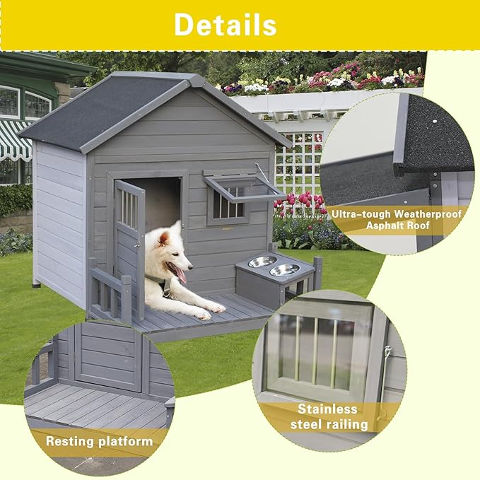 Open Waterproof Asphalt Roof Large Dogs House with Spacious Terrace,Outdoor Dog Kennel W/Small Wooden Door,Breathable Window & 2 Feeding Stainless Bowls,Fir Wood Dog Cage for Large Dogs,Gray
