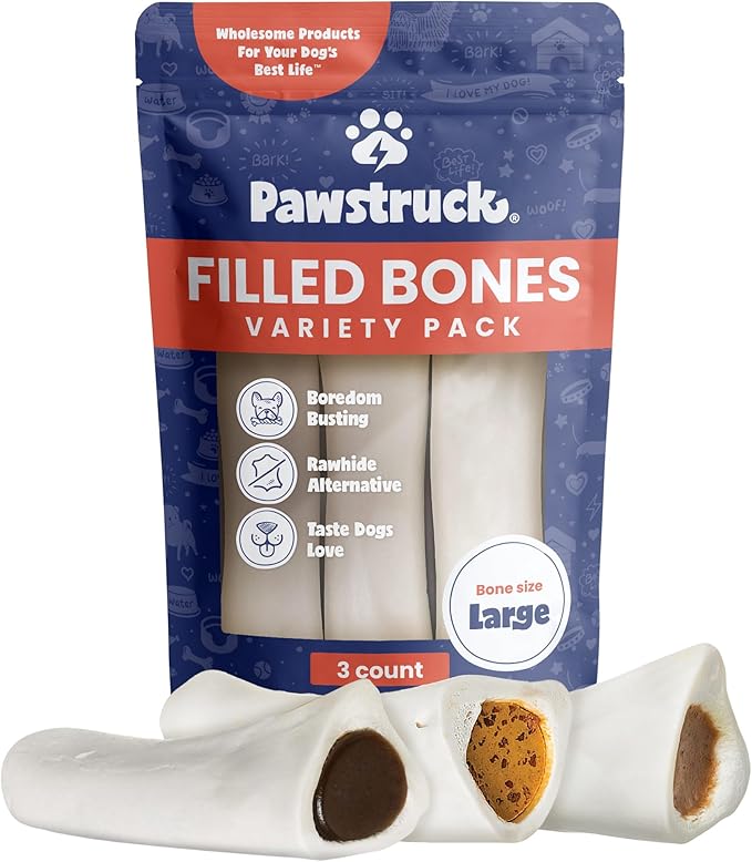 Pawstruck Large 5-6” Filled Dog Bones Variety Pack - Peanut Butter, Cheese & Bacon, Beef Flavors - Made in USA Long Lasting Stuffed Femur Treat for Aggressive Chewers - Pack of 3 - Packaging May Vary