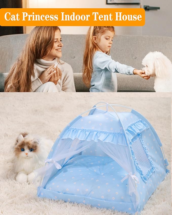 Cat Princess Bed Tent House - Kitty Cute Tent Indoor,Small Dog House Indoor/Outdoor Cave Nest Bed Small Dog Tent for Cat,Puppy Tent (19.6"x19.6"x17.7"/Blue)
