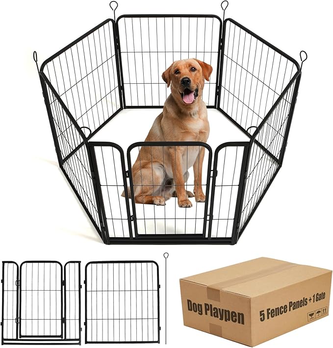 Dog Playpen,24 in(H) Pet Fence Outdoor for Rv Camping,Garden Fence Animal Barrie for Yard,Total 6 Panels with Gate 11Ft(L) Black Metal Temporary Fencing
