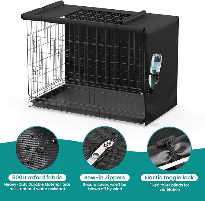 Dog Crate Cover - Privacy Kennel Cover Fits 42 inch Double Door Wire Crate, Heavy Duty 600D Oxford Fabric Dog Cage Cover with Top Window and Drinking Hole Design, Black, (Cover only)