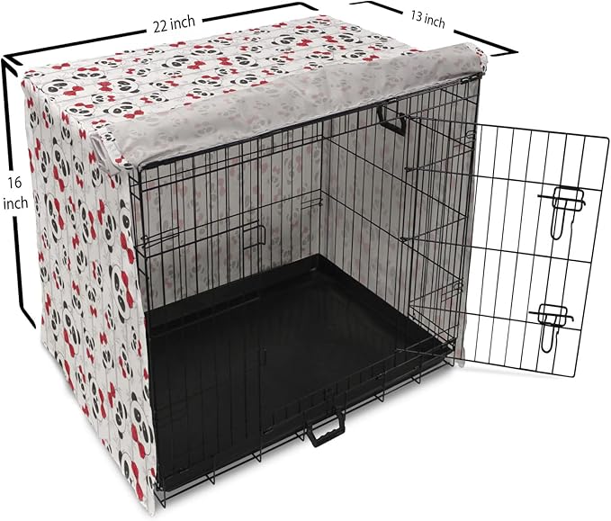 Lunarable Panda Dog Crate Cover, Funny Pattern of Asian Bear Animal in Romantic Bow Tie Cartoon Design, Easy to Use Pet Kennel Cover for Medium Large Dogs, 22 Inch, Pale Grey Black and Red