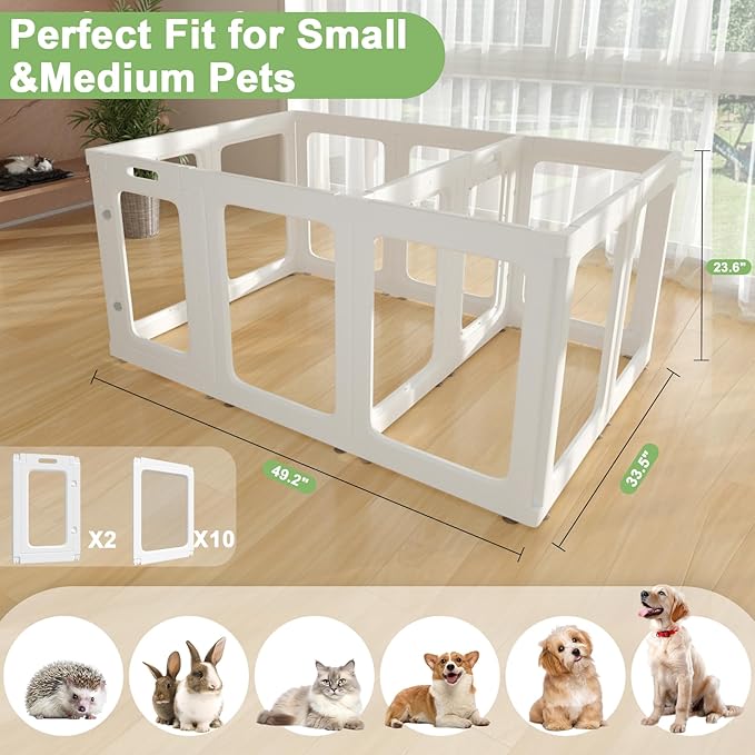 Clear Acrylic Dog Playpen with Door, 23.6" Tall Pet Play Pen Indoor for Cat Bunny Small Animals, Transparent Puppy Fence Kennel Rabbit Ferret, Doggie Cages Yard Easy Assemble, White, 12PCS