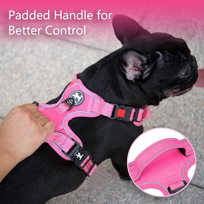PoyPet No Pull Dog Harness, No Choke Reflective Dog Vest, Adjustable Pet Harnesses with Easy Control Padded Handle for Small Medium Large Dogs(Pink Matching Trim,L)