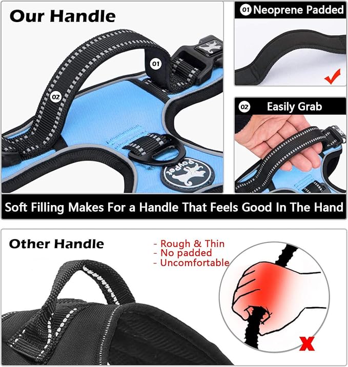 PoyPet No Pull Dog Harness, No Choke Front Clip Dog Reflective Harness, Adjustable Soft Padded Pet Vest with Easy Control Handle for Small to Large Dogs(Light Blue,M)