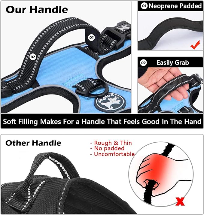 PoyPet No Pull Dog Harness, No Choke Front Clip Dog Reflective Harness, Adjustable Soft Padded Pet Vest with Easy Control Handle for Small to Large Dogs(Light Blue,L)