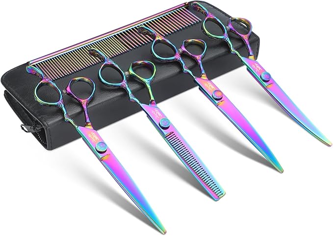 JASON Dog Grooming Scissors Kit, Professional 6 in 1 Dog Scissors Set - 6.5" Thinning, 7" Straight, 7" Up-Curved, 7" Down-curved Shears and Comb for Dog Cat Pet (Rainbow)