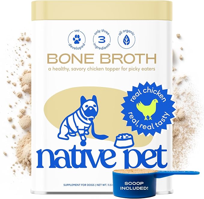 Native Pet Bone Broth for Dogs and Cats –Dog Bone Broth Powder, a Dog Food Topper for Picky Eaters –Cat Broth & Dog Broth - Dog Gravy Topper for Dry Food –Chicken Broth for Dogs & Cats –11.5 oz