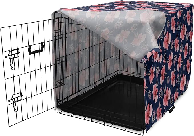 Ambesonne Watercolor Dog Crate Cover, Nature Inspired Composition with Pink Garden Flora Vintage Petals, Easy to Use Pet Kennel Cover for Medium Large Dogs, 36 Inch, Navy Blue Coral