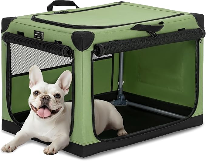 PETSFIT Collapsible Dog Crate, with Patented Adjustable Fabric Cover, Chewproof & Lockable Mesh Doors, Waterproof Base Soft Sided Kennel Green 26 Inch