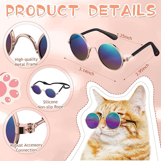 Weewooday 8 Pcs Pet Dog Cat Costume Cat Tie Collar Glasses for Small Dog Round Metal Retro Sunglasses Tie Pet Costume Tuxedo Necktie Collar Puppy Accessories Halloween Cosplay Party(Elegant Colors)