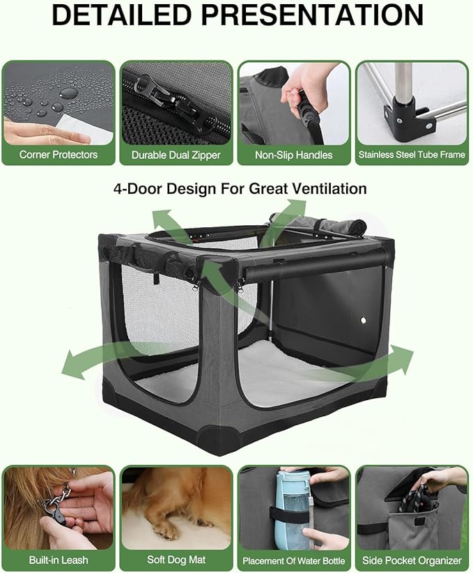 30 Inch Collapsible Travel Dog Crate for Medium Large Dogs, Portable Dog Crate 4-Door Foldable Soft Kennel with Chew-Proof Mesh Windows for Indoor & Outdoor Travel,with Storage Bag,Grey