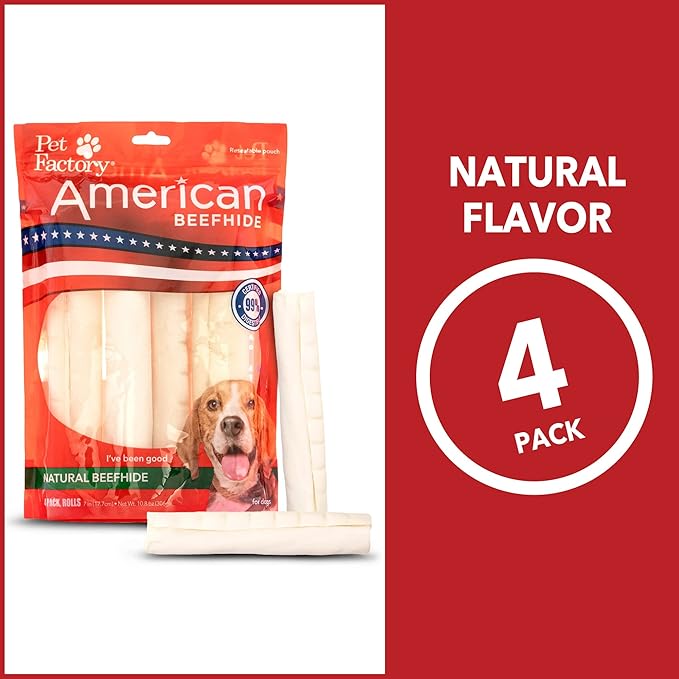 Pet Factory American Beefhide 7" Rolls Dog Chew Treats - Natural Flavor, 4 Count/1 Pack