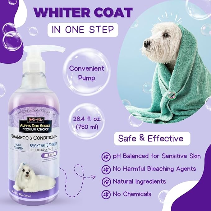 Alpha Dog Series Bright White Natural Whitening Dog Shampoo and Conditioner for Dogs with Aloe Vera, pH Balanced Dog Shampoo and Conditioner Set, Tear-Free for Sensitive Skin 26.4 Oz (Pack of 2)