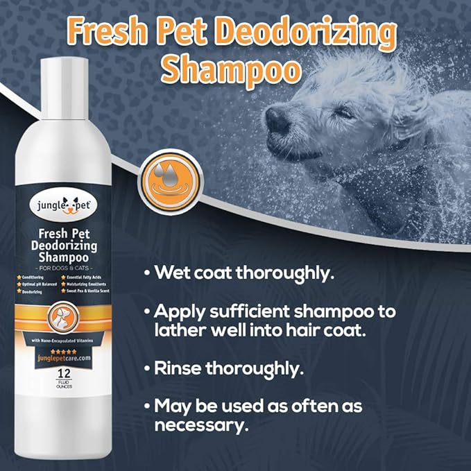 Jungle Pet Deodorizing Dog Shampoo for Smelly Dogs - Grooming & Cleansing Pet Shampoo for Dogs with Hypoallergenic Essential Fatty Acids - Soap, Sulfate & Paraben Free - Sweet Pea Vanilla Scent, 16 oz