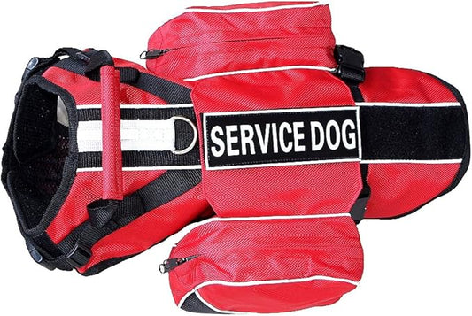 Service Dog Harness, Saddle Bag Backpack Carrier Outdoor Travel Hiking Camping Harness, Removable Saddle Bags and Patches (Red, S Girth 16-20")