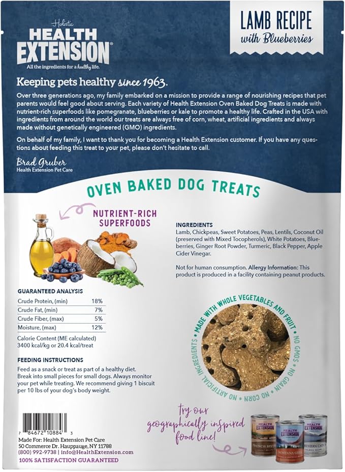 Health Extension Oven-Baked Dog Treats, 6oz (170g), Lamb & Blueberry Recipe – Gluten & Grain-Free, Superfood-Infused, Crunchy Biscuits for Puppy Training (Pack of 4)