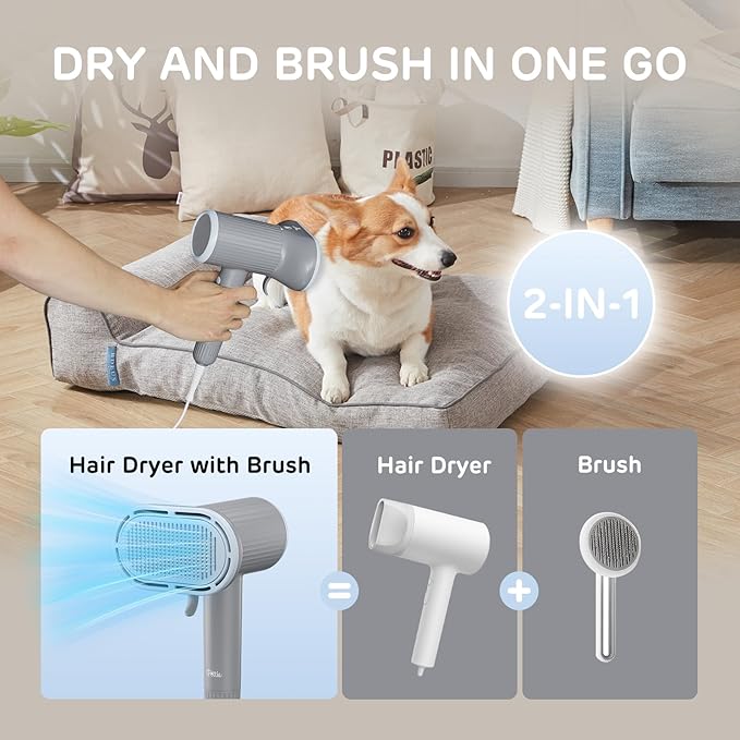 iPettie Breeze B540S Dog Grooming Hair Dryer with Slicker Brush, 2-in-1 Drying & Brushing Tool, Adjustable Temperature & Speed, Portable, Overheat Protection, Dog Blow Dryer for Dogs and Cats