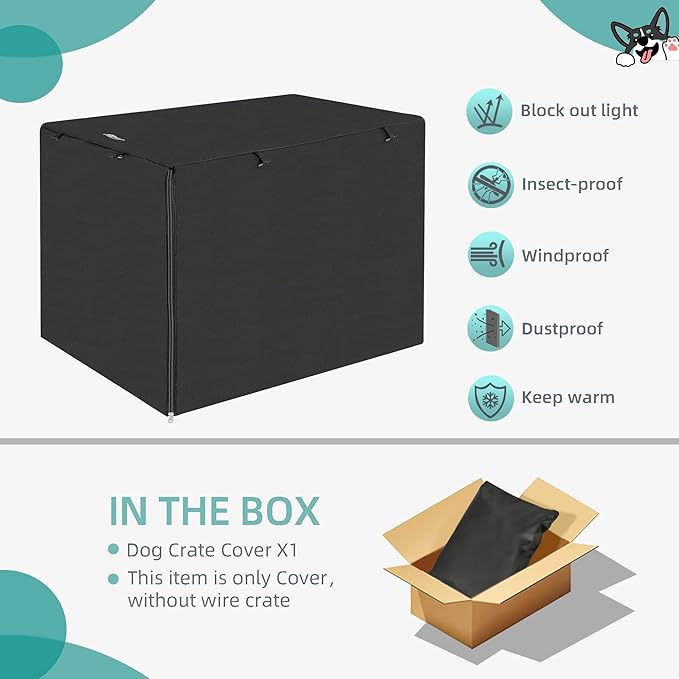 Dog Crate Cover for 42" Large Wire Dogs Cage, Puppy Kennel with Double Door, Lightweight 600D Polyester Windproof Pet Crates Covers, Machine Wash & Dry, Black