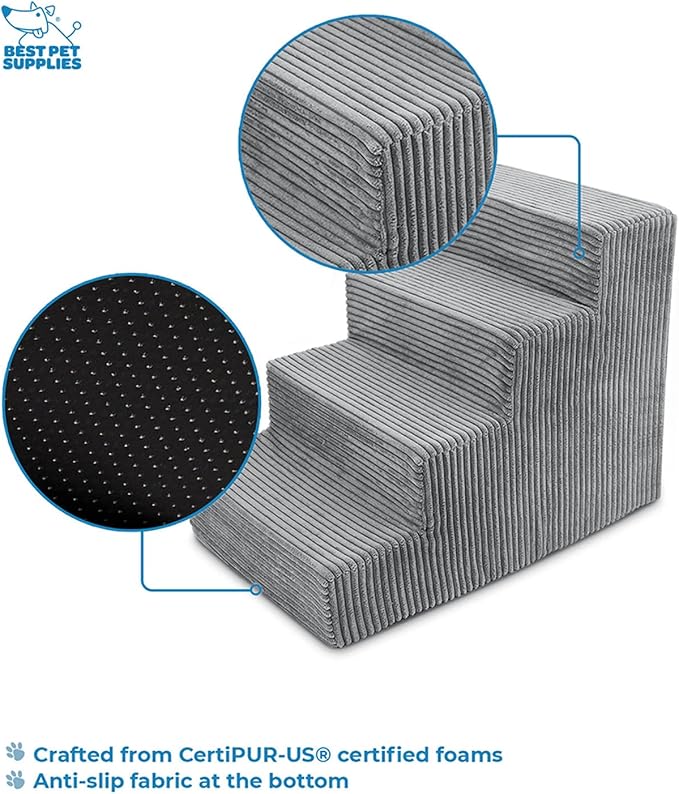 Best Pet Supplies Dog Stairs for Small Dogs & Cats, Foam Pet Steps Portable Ramp for Couch Sofa and High Bed Non-Slip Balanced Indoor Step Support, Paw Safe No Assembly - Gray, 4-Step